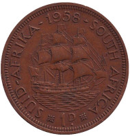 Монета 1 пенни. 1958 год, Южная Африка. Корабль "Дромедарис".