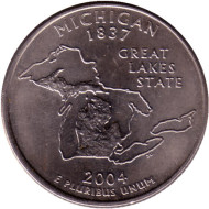 Монета 25 центов (D). 2004 год, США. Мичиган. Штат № 26. Монета 25 центов (D). 2004 год, США. Мичиган. Штат № 26.