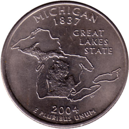 Монета 25 центов (D). 2004 год, США. Мичиган. Штат № 26.