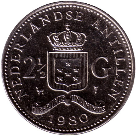 Монета 2,5 гульдена. 1980 год, Нидерландские Антильские острова. (Королева Юлиана).