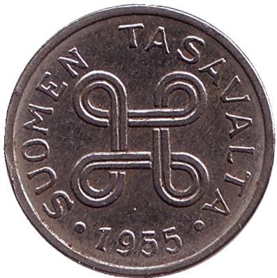 Монета 1 марка. 1955 год, Финляндия.