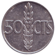 Монета 50 сентимо. 1966 год, Испания. (67 внутри звезды) Монета 50 сентимо. 1966 год, Испания. (67 внутри звезды)