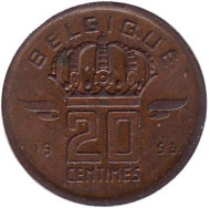 Монета 20 сантимов. 1953 год, Бельгия. (Belgique) Монета 20 сантимов. 1953 год, Бельгия. (Belgique)