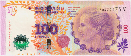 Банкнота 100 песо. 2012 год, Аргентина. 60 лет со дня смерти Евы Перон.