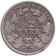 Монета 1/2 марки. 1905 год (F), Германская империя. Монета 1/2 марки. 1905 год (F), Германская империя.