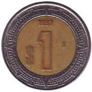 Монета 1 песо. 1997 год, Мексика. Монета 1 песо. 1997 год, Мексика.