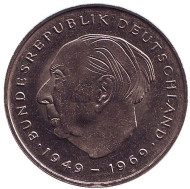 Монета 2 марки. 1982 год (F), ФРГ. Теодор Хойс. Монета 2 марки. 1982 год (F), ФРГ. Теодор Хойс.
