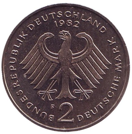 Монета 2 марки. 1982 год (F), ФРГ. Теодор Хойс. Монета 2 марки. 1982 год (F), ФРГ. Теодор Хойс.