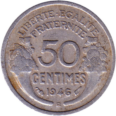 Монета 50 сантимов. 1946 год, Франция. (Отметка монетного двора - B).