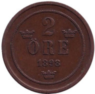 Монета 2 эре. 1898 год, Швеция. Монета 2 эре. 1898 год, Швеция.