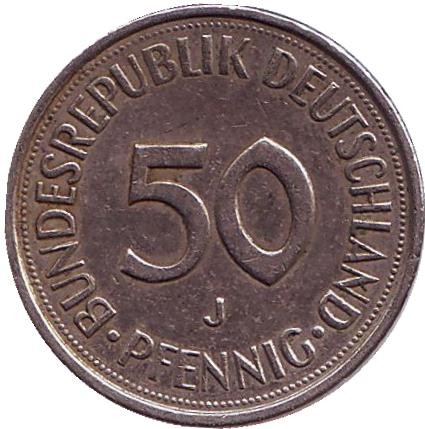 Монета 50 пфеннигов. 1980 год (J), ФРГ. Женщина, сажающая дуб.