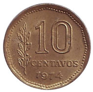 Монета 10 сентаво. 1974 год, Аргентина.