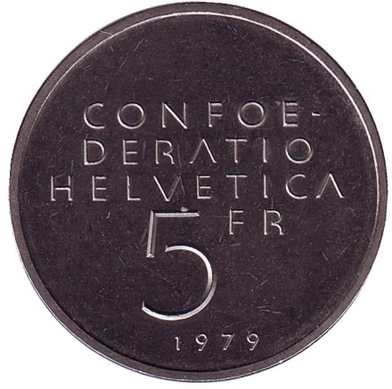 Монета 5 франков. 1979 год, Швейцария. 100 лет со дня рождения Альберта Эйнштейна. Формула.