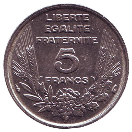 Монета 5 франков. 1933 год, Франция. (Ранний тип)