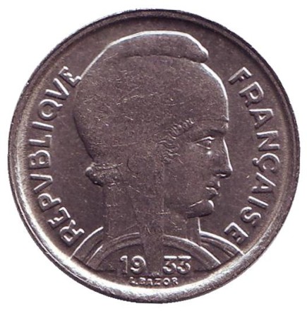 Монета 5 франков. 1933 год, Франция. (Ранний тип) Монета 5 франков. 1933 год, Франция. (Ранний тип)