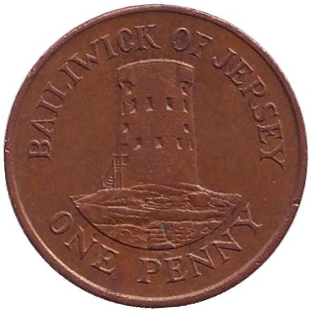 Монета 1 пенни. 1989 год, Джерси. Башня в Ле-Хок.
