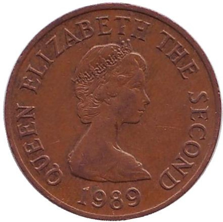 Монета 1 пенни. 1989 год, Джерси. Башня в Ле-Хок.