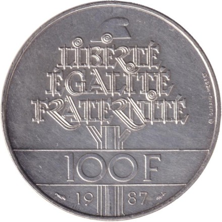 Монета 100 франков. 1987 год, Франция. 230 лет со дня рождения Жильбера Ла Файета.