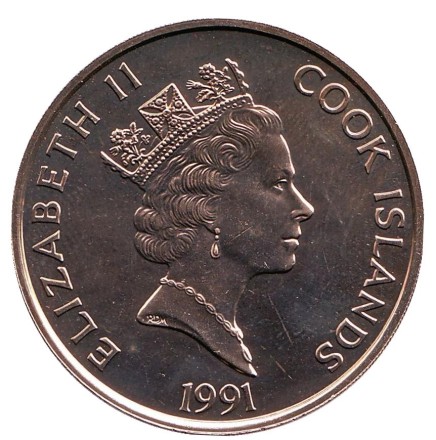 Монета 5 долларов. 1991 год, Острова Кука. 500 лет открытию Америки. Монета 5 долларов. 1991 год, Острова Кука. 500 лет открытию Америки.