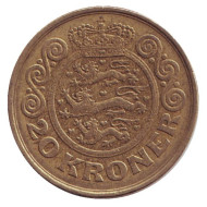 Монета 20 крон. 1991 год, Дания. Монета 20 крон. 1991 год, Дания.