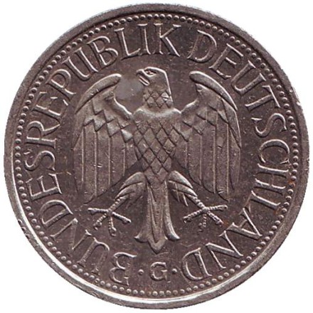 Монета 1 марка. 1990 год (G), ФРГ. Монета 1 марка. 1990 год (G), ФРГ.