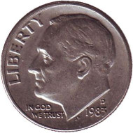 Монета 10 центов. 1983 (D) год, США. Рузвельт. Монета 10 центов. 1983 (D) год, США. Рузвельт.