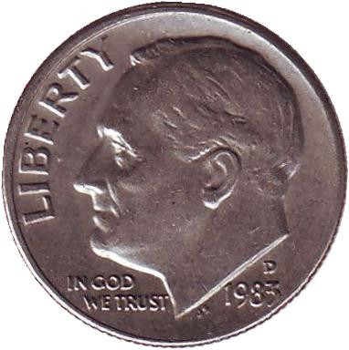 Монета 10 центов. 1983 (D) год, США. Рузвельт.