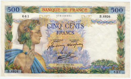 Банкнота 500 франков. 1942 год, Франция. XF.