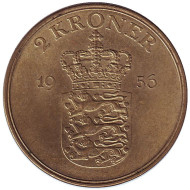 Монета 2 кроны. 1956 год, Дания. Фредерик IX. Монета 2 кроны. 1956 год, Дания. Фредерик IX.