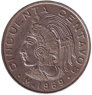 Монета 50 сентаво. 1969 год, Мексика. Индеец.