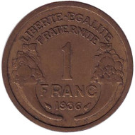 Монета 1 франк. 1936 год, Франция. Монета 1 франк. 1936 год, Франция.