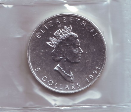 Монета 5 долларов. 1991 год, Канада. (в запайке) Кленовый лист. Монета 5 долларов. 1991 год, Канада. (в запайке) Кленовый лист.