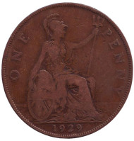 Монета 1 пенни. 1929 год, Великобритания. Монета 1 пенни. 1929 год, Великобритания.