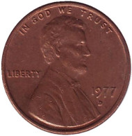Монета 1 цент. 1977 год (D), США. Линкольн. Монета 1 цент. 1977 год (D), США. Линкольн.