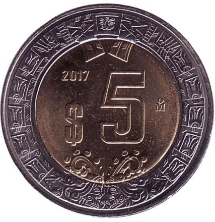 Монета 5 песо. 2017 год, Мексика. UNC.