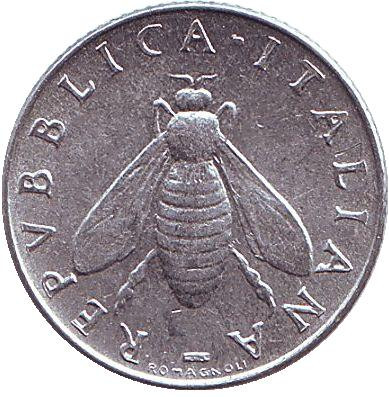 Монета 2 лиры. 1959 год, Италия. Медоносная пчела.