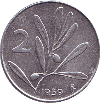 Монета 2 лиры. 1959 год, Италия. Медоносная пчела. Монета 2 лиры. 1959 год, Италия. Медоносная пчела.