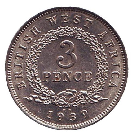 Монета 3 пенса. 1939 год (KN), Британская Западная Африка.