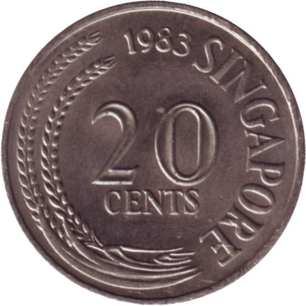 Монета 20 центов. 1983 год. Сингапур. Рыба-меч.