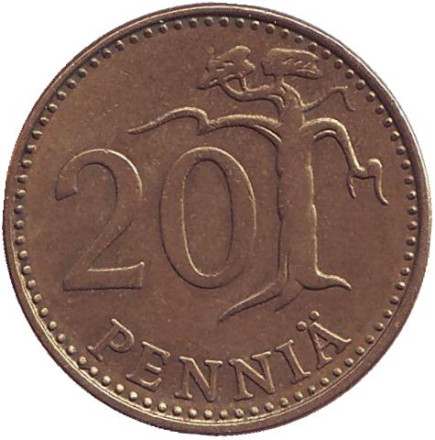 Монета 20 пенни. 1974 год, Финляндия.