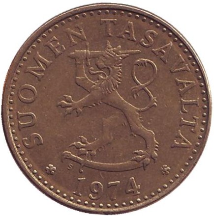 Монета 20 пенни. 1974 год, Финляндия. Монета 20 пенни. 1974 год, Финляндия.