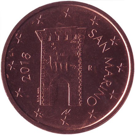 Монета 2 цента, 2018 год, Сан-Марино.