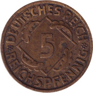 Монета 5 рейхспфеннигов. 1935 год (J), Веймарская республика. Монета 5 рейхспфеннигов. 1935 год (J), Веймарская республика.
