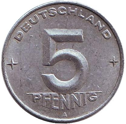 Монета 5 пфеннигов. 1952 (А) год, ГДР.