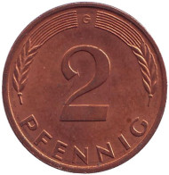 Монета 2 пфеннига. 1980 год (G), ФРГ. Дубовые листья. Монета 2 пфеннига. 1980 год (G), ФРГ. Дубовые листья.
