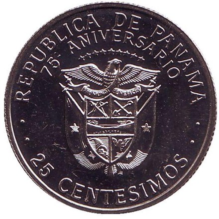 Монета 25 сентесимо. 1978 год, Панама. BU. 75 лет Независимости. Хусто Аросемена.