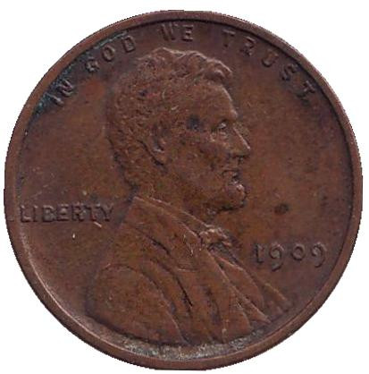 Монета 1 цент. 1909 год, США. (Без отметки монетного двора, без подписи) Линкольн.