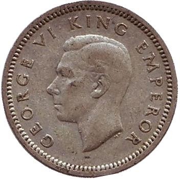 Монета 3 пенса. 1939 год, Новая Зеландия. Скрещенные вахаики.