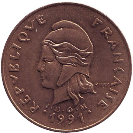 Монета 100 франков. 1991 год, Французская Полинезия. Скалистый остров Муреа.