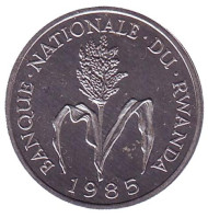 Монета 1 франк. 1985 год, Руанда. Цветущий стебель проса. Монета 1 франк. 1985 год, Руанда. Цветущий стебель проса.